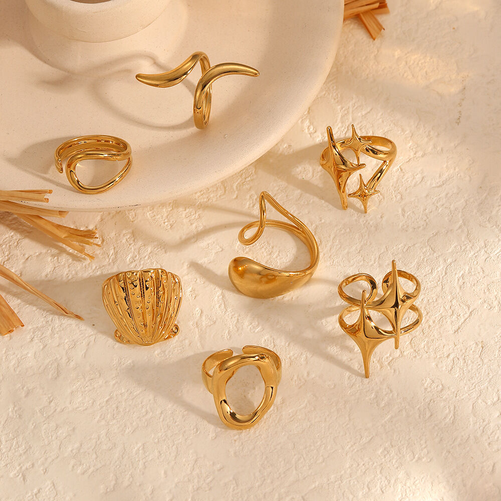 1 paio di anelli singoli da donna in acciaio inossidabile placcato oro , semplici e geometrici, serie semplice h5 Immagine3