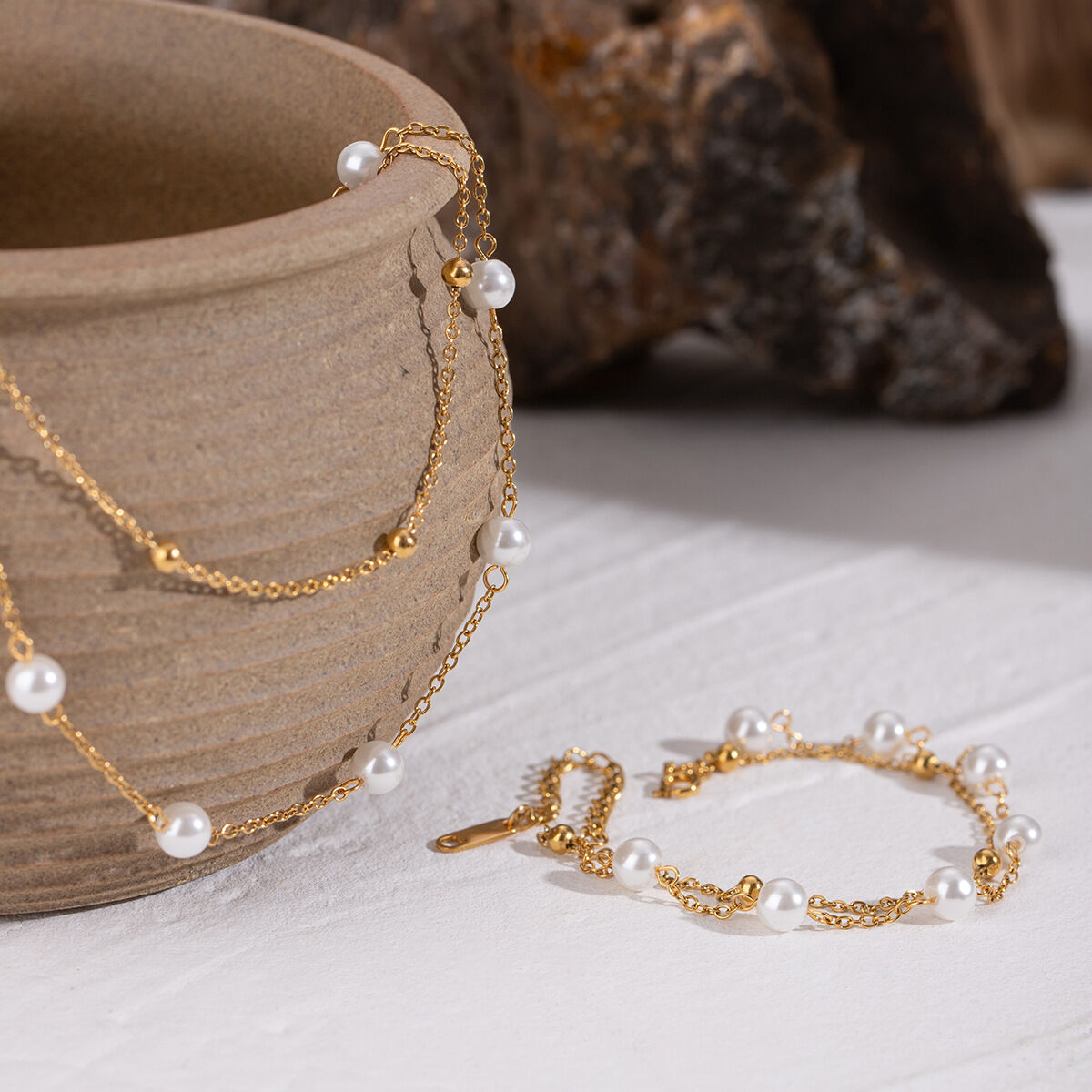 1 Stück luxuriöses klassisches Perlenarmband aus Edelstahl, wasserdicht, goldfarben, für Damen Bild5