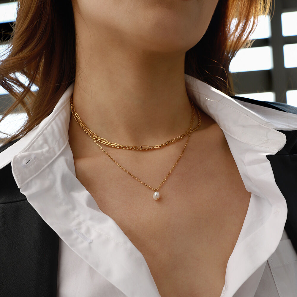 1 Piece Elegant Series All-match Multi-layer Stainless Steel Waterproof Gold Color Women's Layered Necklaces 2