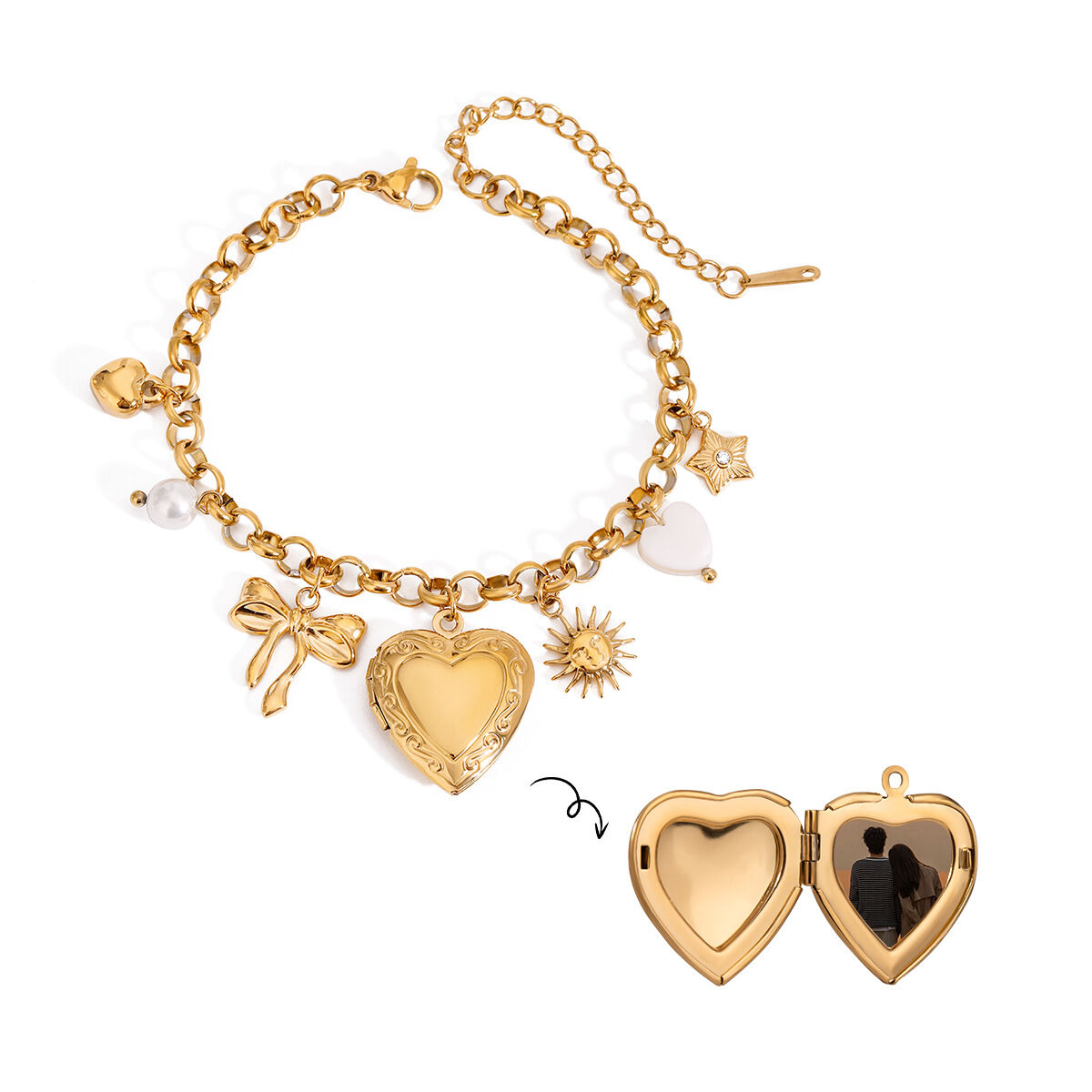 1 pezzo semplice serie  stile amore/cuore forma acciaio inossidabile placcato oro 18k donne braccialetti con ciondoli Immagine6