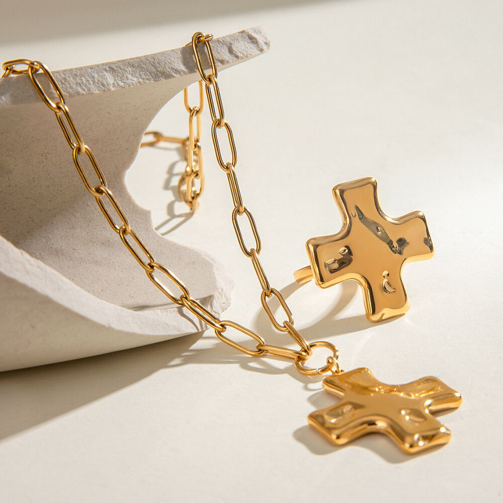 1 pair simple series retro cross stainless steel gold plated women adjustable rings h5Picture3