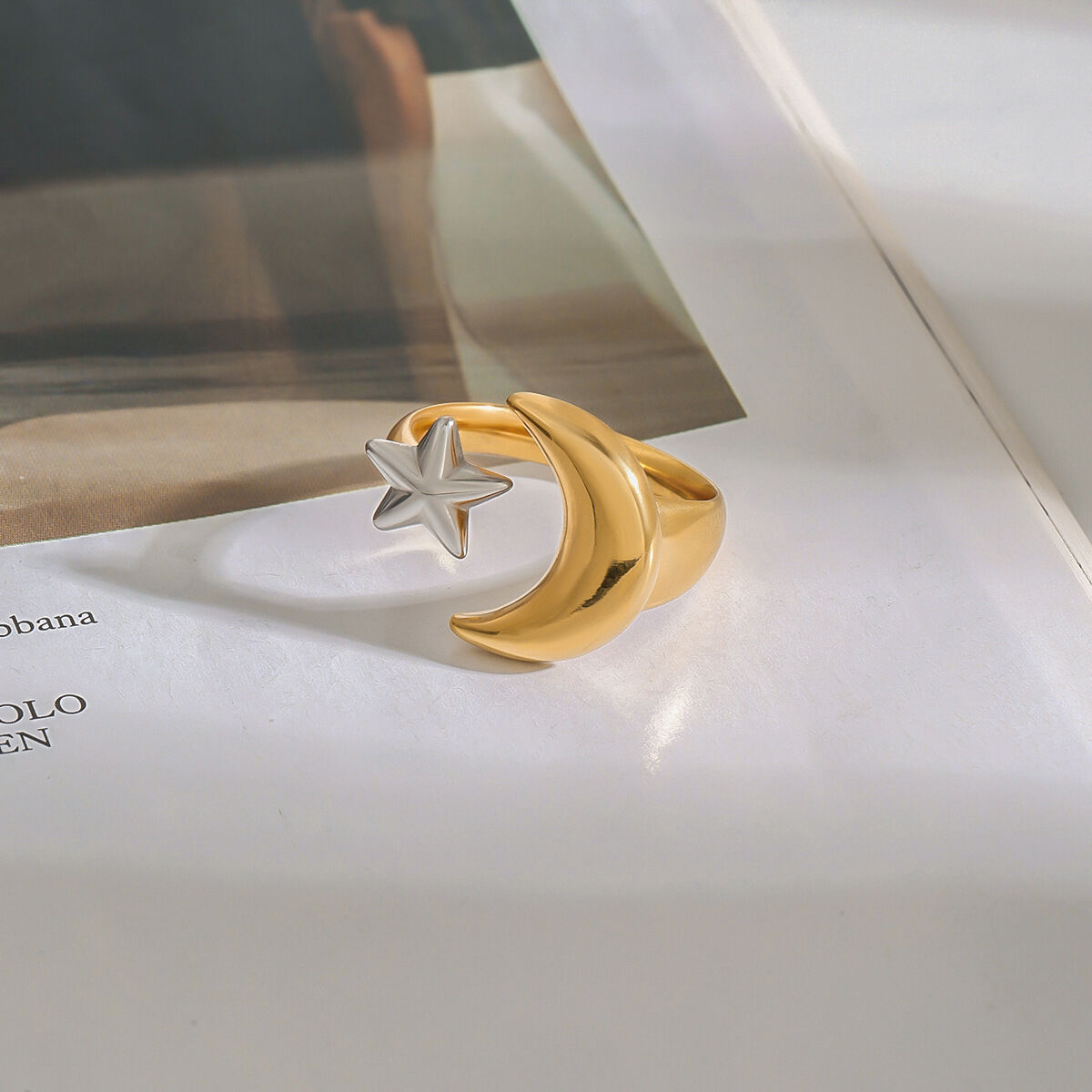 Anelli singoli da donna in acciaio inossidabile impermeabile color oro e argento con luna e stella, serie classica, 1 pezzo h5 Immagine8