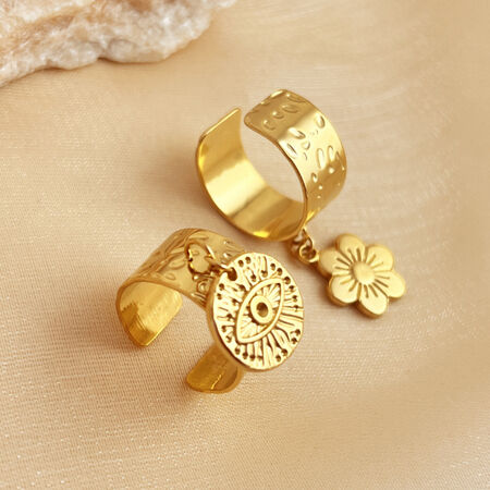 1 Piece Stylish Series Retro Eye Shape Wafer Dangle Stainless Steel Waterproof Gold Color Women's Adjustable Rings