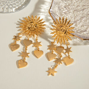 1 paire de boucles d'oreilles pendantes rétro soleil/lune en acier inoxydable plaqué or pour femme h5 Image4