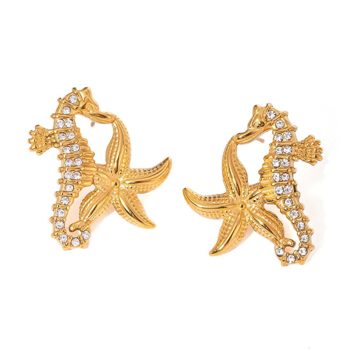 1 paio di orecchini a bottone da donna in stile tartaruga in acciaio inossidabile placcato oro  con strass, serie semplice h5 Immagine4