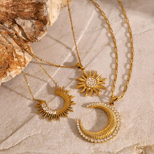 1 piece simple series punk sun/moon stainless steel gold plated rhinestone women pendant necklaces h5 Picture3