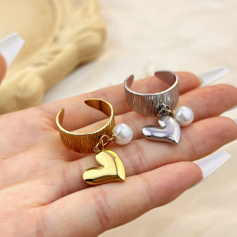1 Piece Stylish Series Retro Heart Ripple Stainless Steel Waterproof Women's Adjustable Rings 2