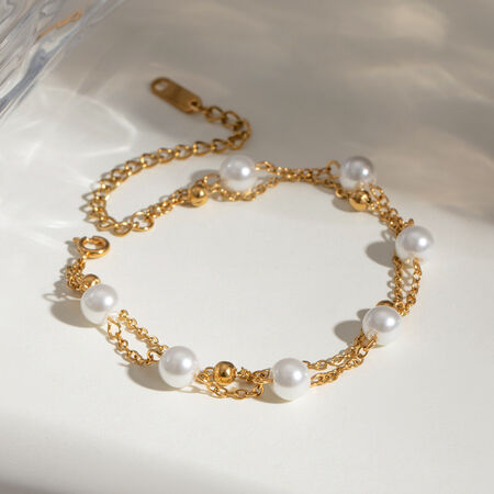 Bracelet de perles classique de luxe pour femme, en acier inoxydable, étanche, couleur or (1 pièce).
