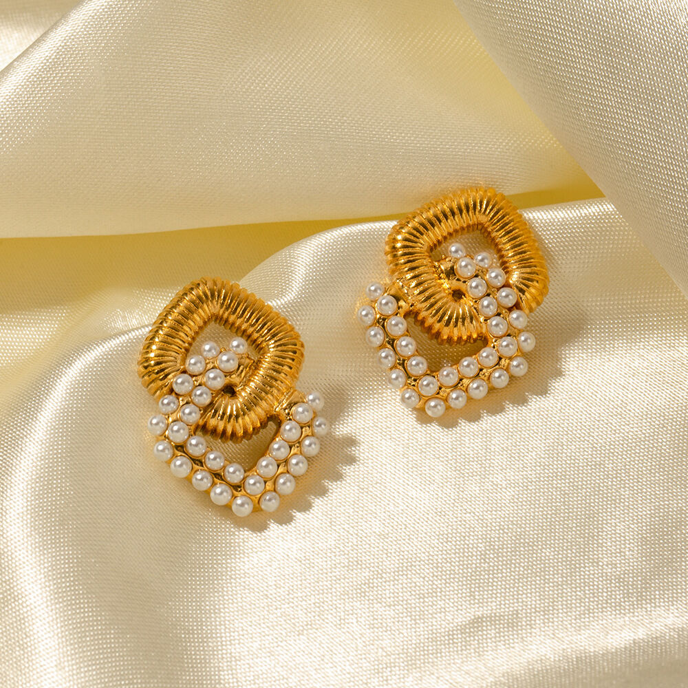 1 pair classic series elegant geometric stainless steel  gold plated artificial pearl women Stud Earrings 2