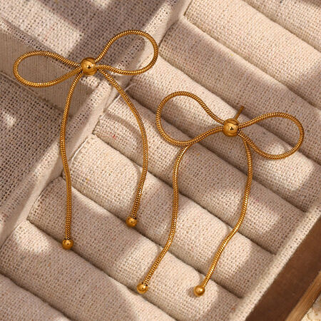1 paio di orecchini pendenti da donna in acciaio inossidabile color oro con nodo a fiocco dolce della serie romantica 2