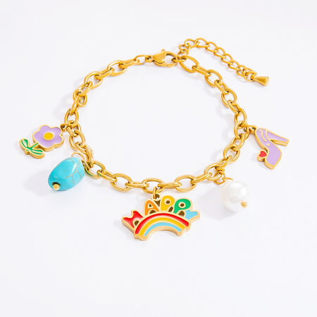 1 stuk romantische serie levendige bloemen olie-glanzende chromatische roestvrijstalen waterdichte gouden damesarmband met bedeltjes 2
