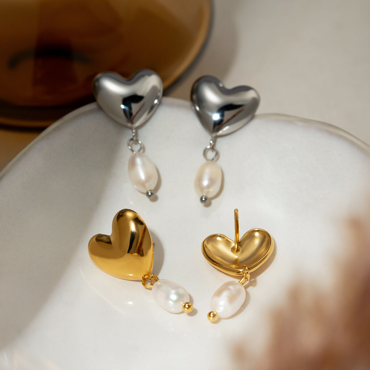  stil  gold edelstahl glänzend herz-förmigen design süßwasser perle ohrringe trendy persönlichkeit ohr schmuck  h5 Bild3