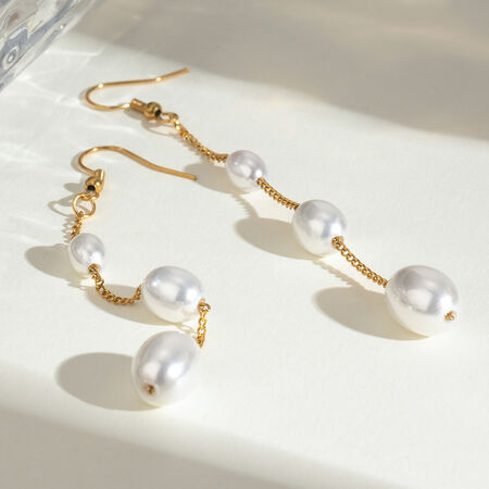 1 par de pendientes de perlas artificiales chapados en oro de acero inoxidable con borlas elegantes de serie simple para mujer 2