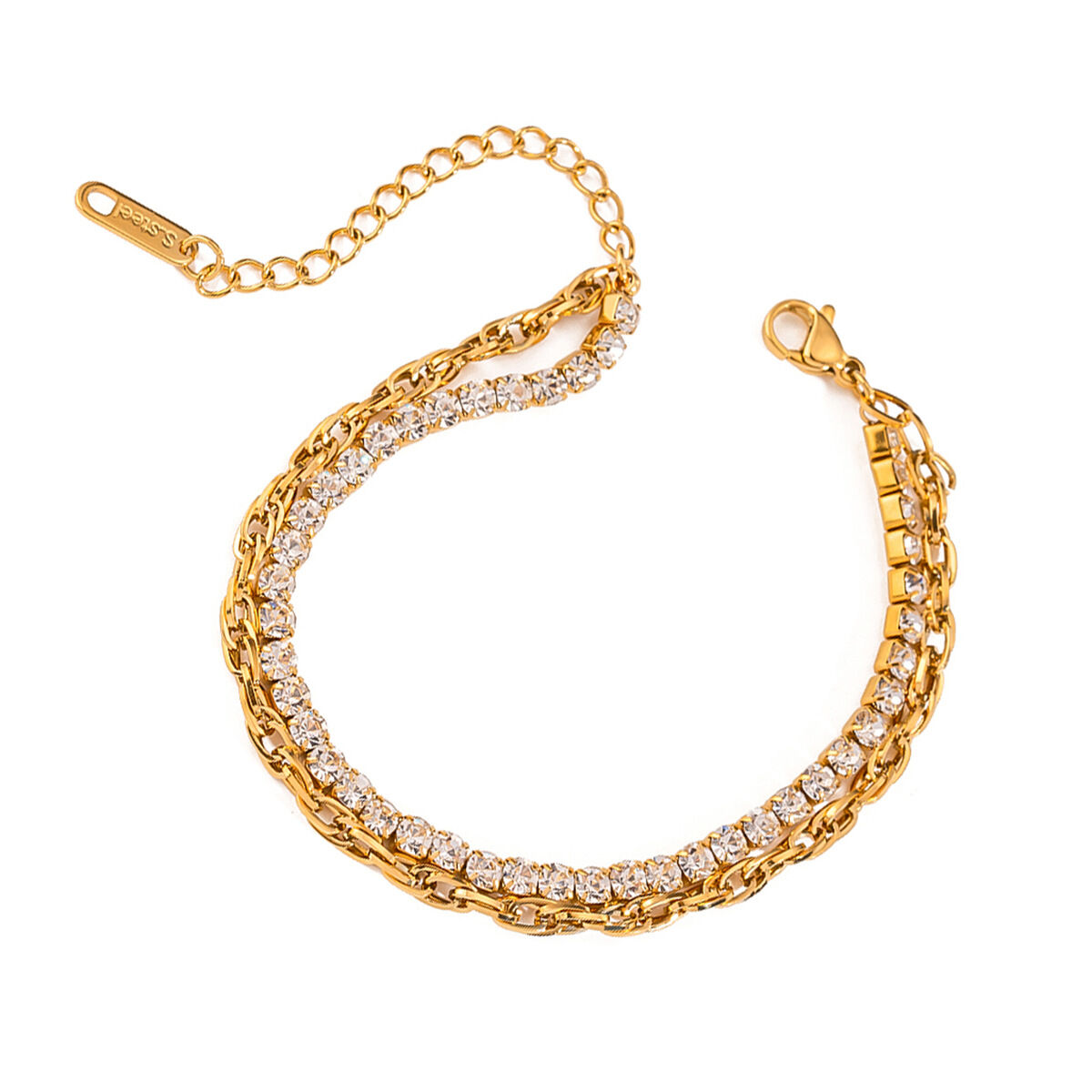 1 pezzo serie lussuosa semplice geometrica in acciaio inossidabile placcato oro 18K strass donne catena bracciali Immagine6
