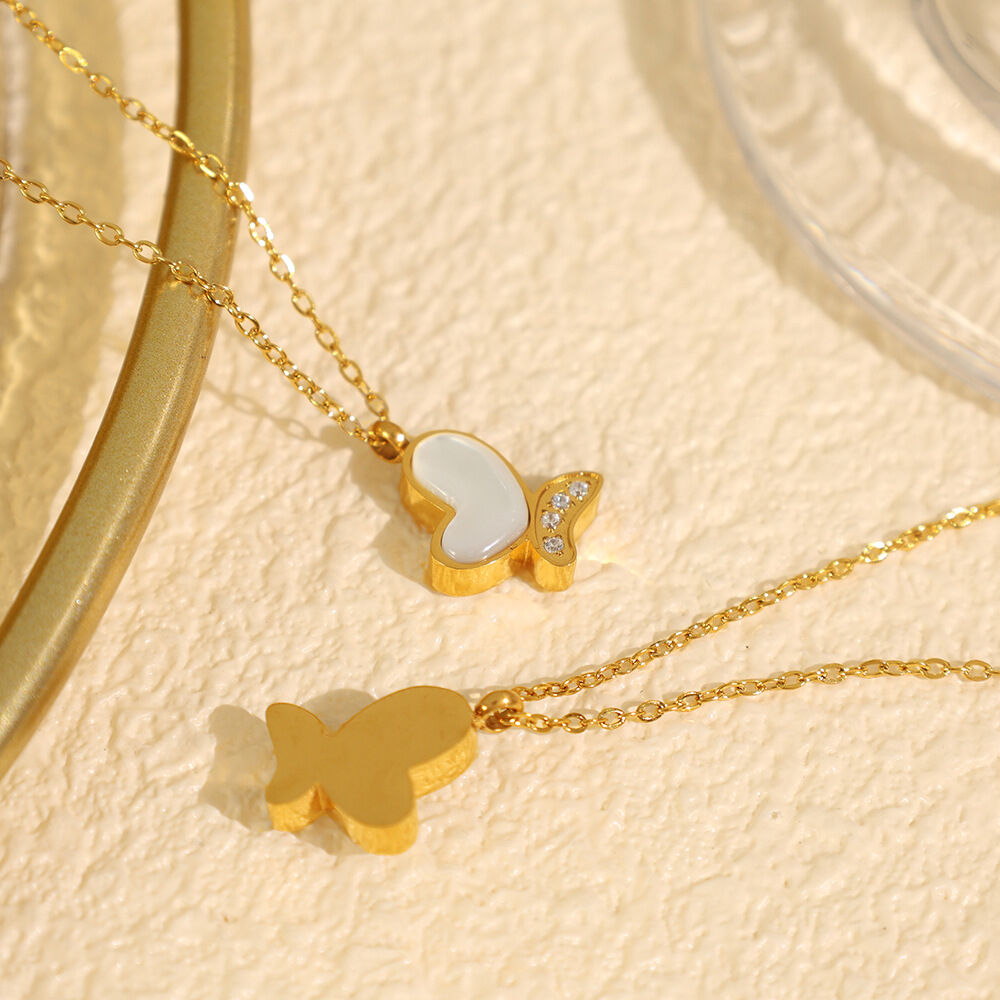 1 piece classic series natural butterfly titanium steel  gold color plated shell women's pendant necklaces 2