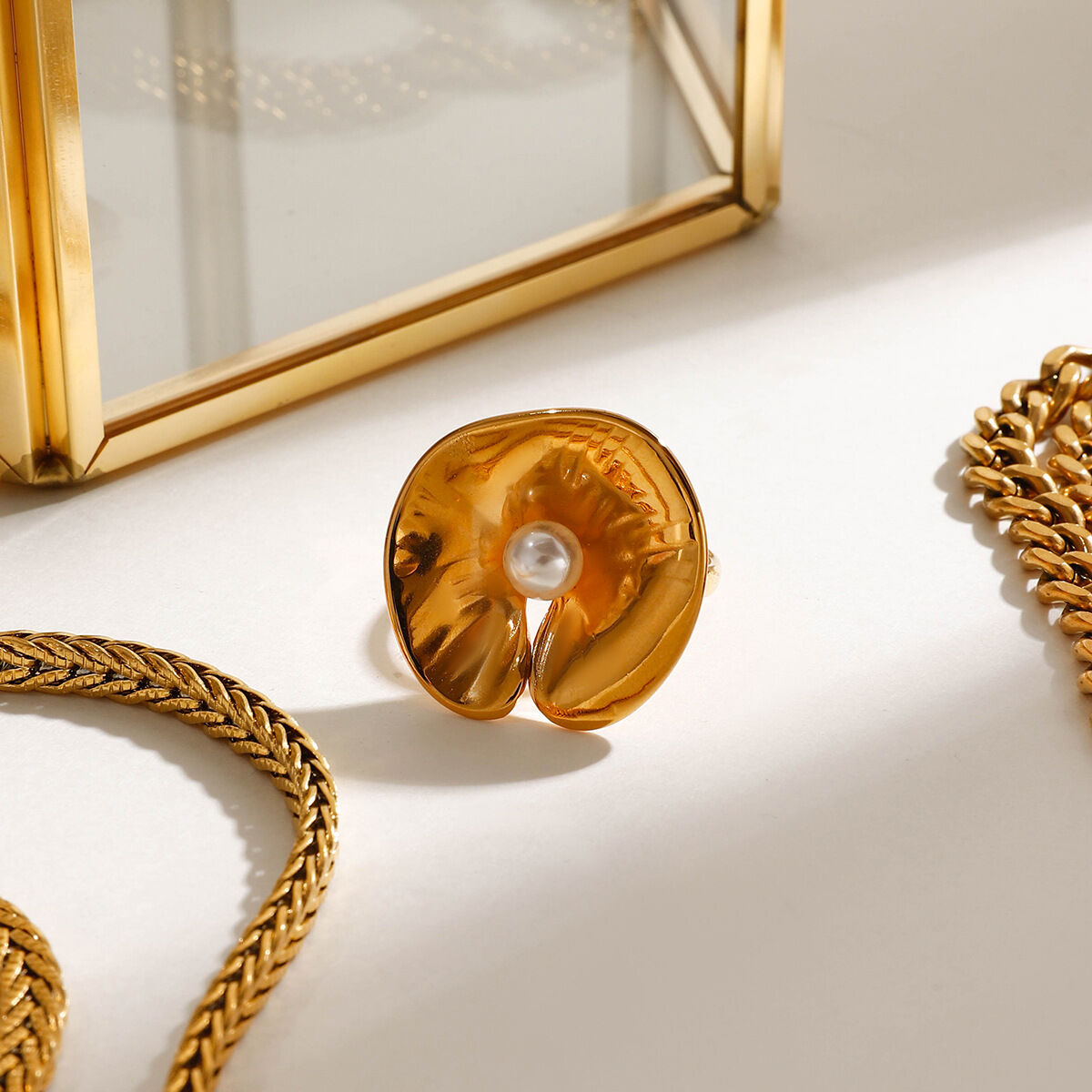 1 pezzo di lusso serie esagerata forma di albero naturale in acciaio inossidabile impermeabile color oro anelli regolabili da donna h5 Immagine4