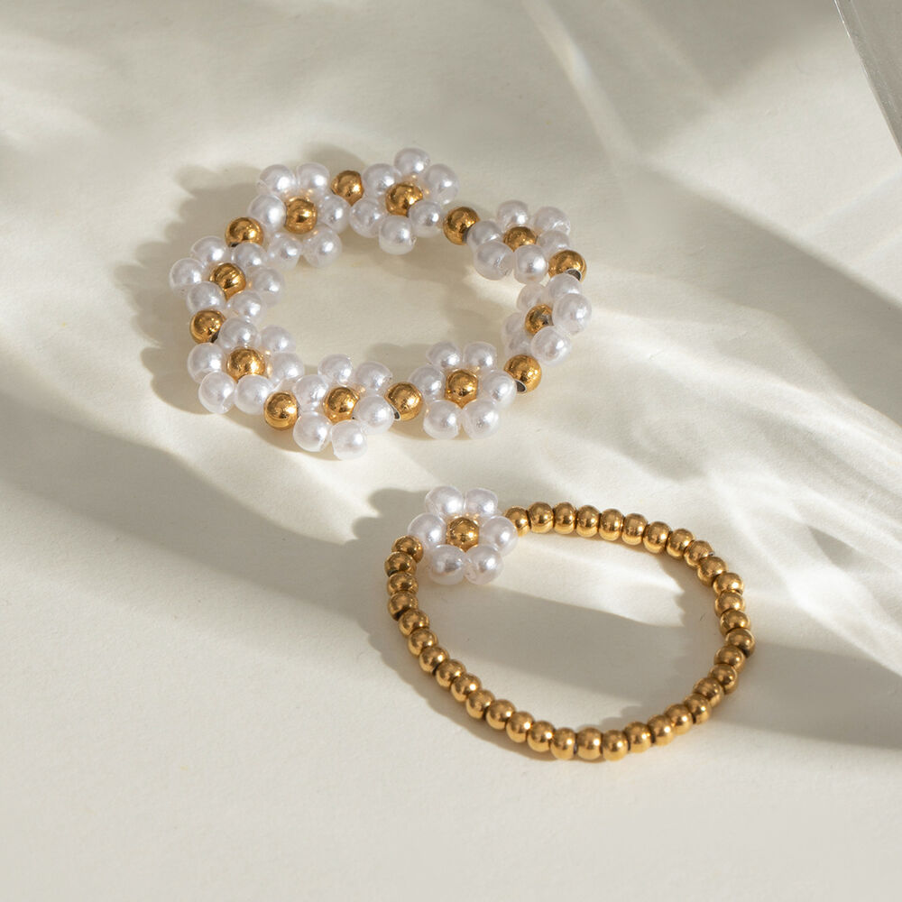 1 paire de bagues ajustables pour femme, série classique, élégantes, en acier inoxydable plaqué or , avec perles artificielles h5Image3