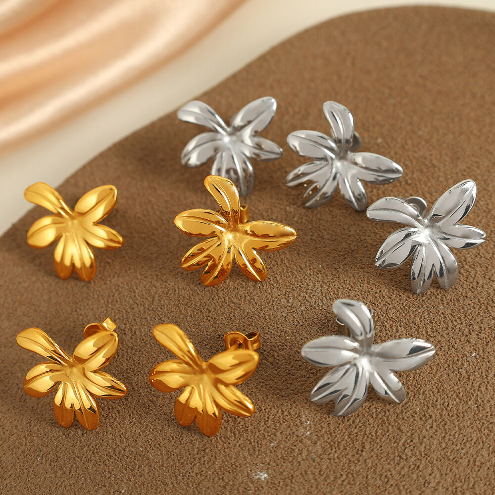 1 pair simple series retro flower stainless steel  gold plated women stud earrings