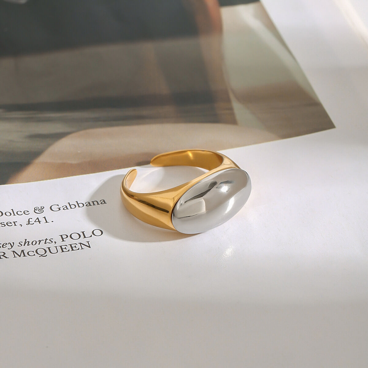 1 Piece Minimalist Series Oval Stainless Steel Waterproof Gold & Silver Color Women's Adjustable Rings Picture5