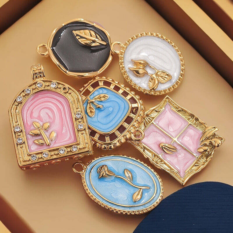 1 Piece Exquisite Series Retro Flower Oil- Glazing Stainless Steel Waterproof Gold Color Women's Pendants Picture5