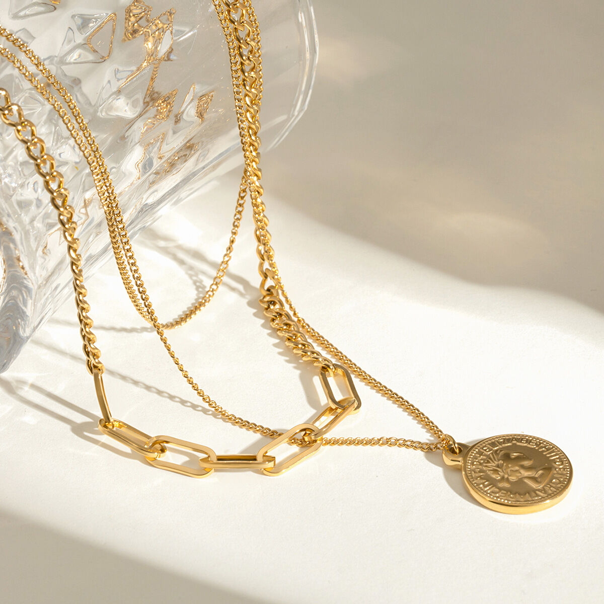 1 Stück Simple Series Klassische gravierte Edelstahl 18 Karat vergoldete Damen-Mehrfachketten h5 Bild3