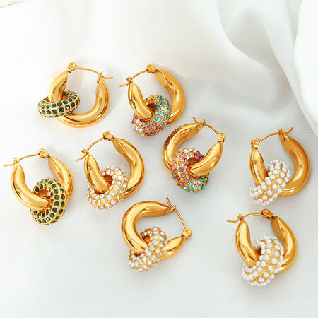 1 pair luxurious series retro geometric stainless steel gold plated zircon women hoop earrings 2
