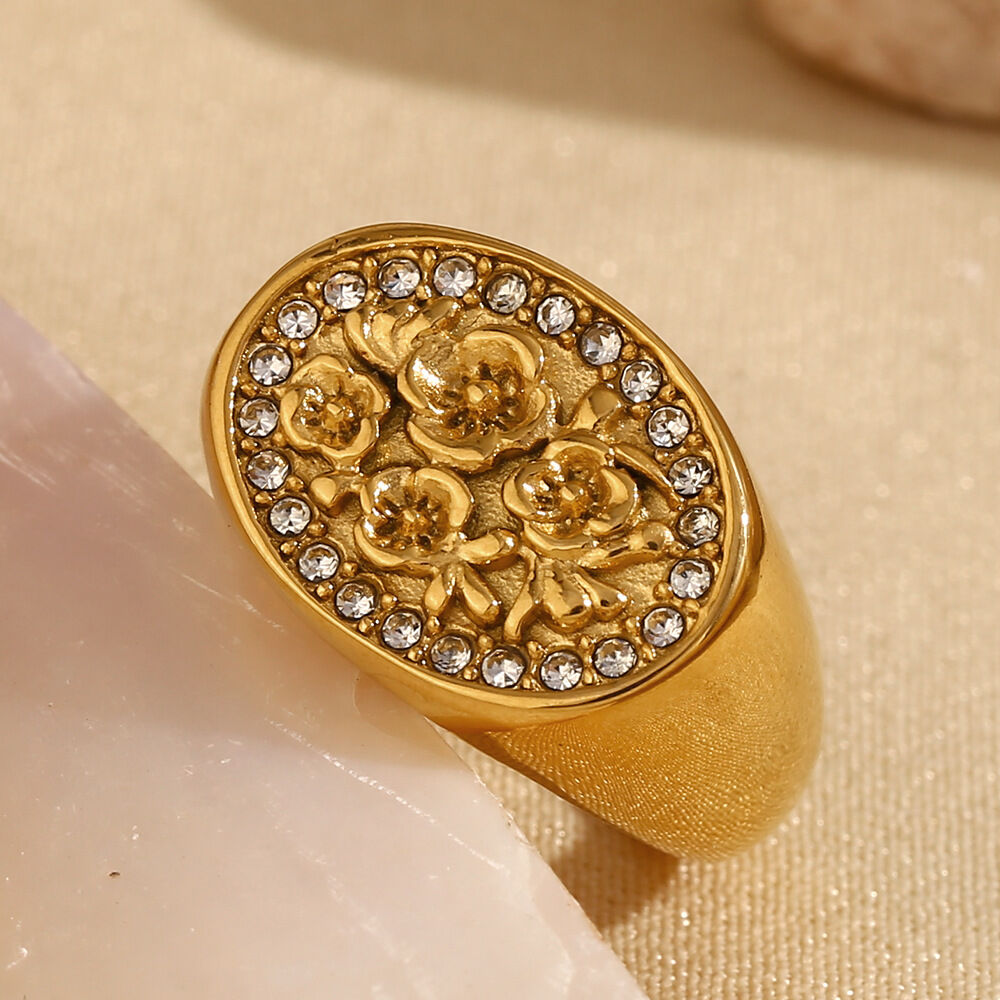 1 Piece Luxurious Series Natural Flower Stainless Steel Waterproof   Gold Color  Women's Signet Rings 2