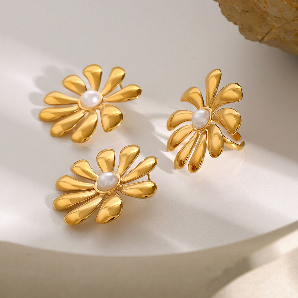 1 pair classic series retro flower stainless steel gold plated artificial pearl women earrings set Picture4
