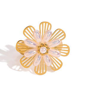 1 Paar Classic Series Retro Flower Edelstahl 18 Karat vergoldet Kunstperle verstellbare Damenringe h5 Bild5