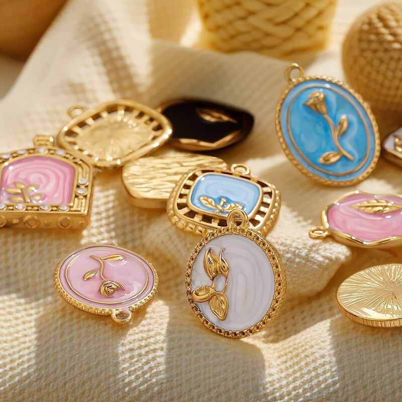 1 Piece Exquisite Series Retro Flower Oil- Glazing Stainless Steel Waterproof Gold Color Women's Pendants h5 Picture3