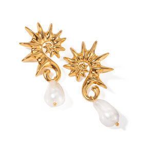 cross-border style gold stainless steel seahorse thread-shaped hanging special-shaped pearl earrings earrings jewelry h5 Picture5