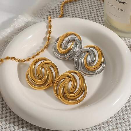 1 Pair Shining Series Elegant Annular Stainless Steel Waterproof Gold & Silver Color Women's Stud Earrings