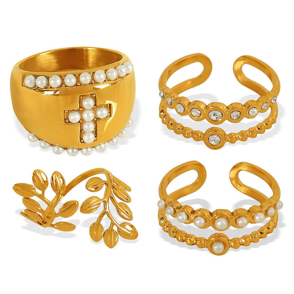 Anillos ajustables para mujer, serie simple, retro, de acero inoxidable, chapados en oro de 18 quilates, con perla artificial h5 Imagen5