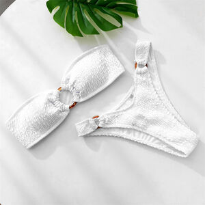 Costume da bagno due pezzi bianco per donna, reggiseno senza spalline in maglia con slip laterali regolabili h5 Immagine4