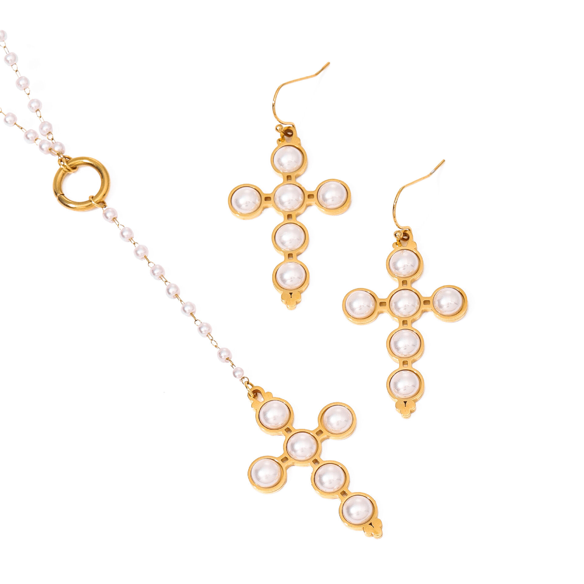 1 pair simple series retro cross stainless steel  gold plated artificial pearl women earrings set h5 Picture6