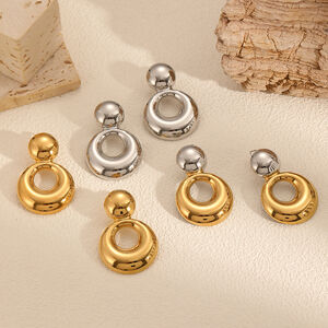 1 Pair Simple Series All-match Double Round Stainless Steel Waterproof Gold Color Women's Stud Earrings h5 Picture3