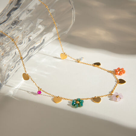 cross-border style gold stainless steel colored glass beads flower shape plus love pendant round bead chain jewelry 2
