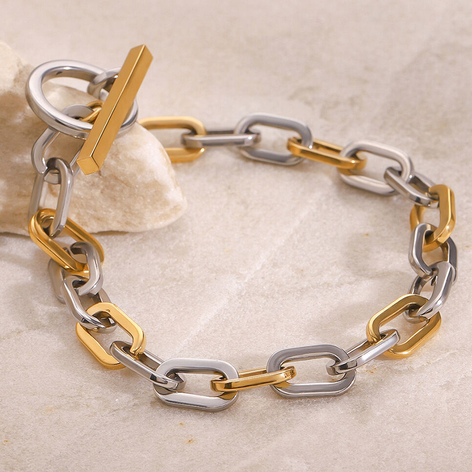 1 pezzo semplice serie giornaliera anulare in acciaio inossidabile placcato oro 18K donne catena bracciali h5Immagine6