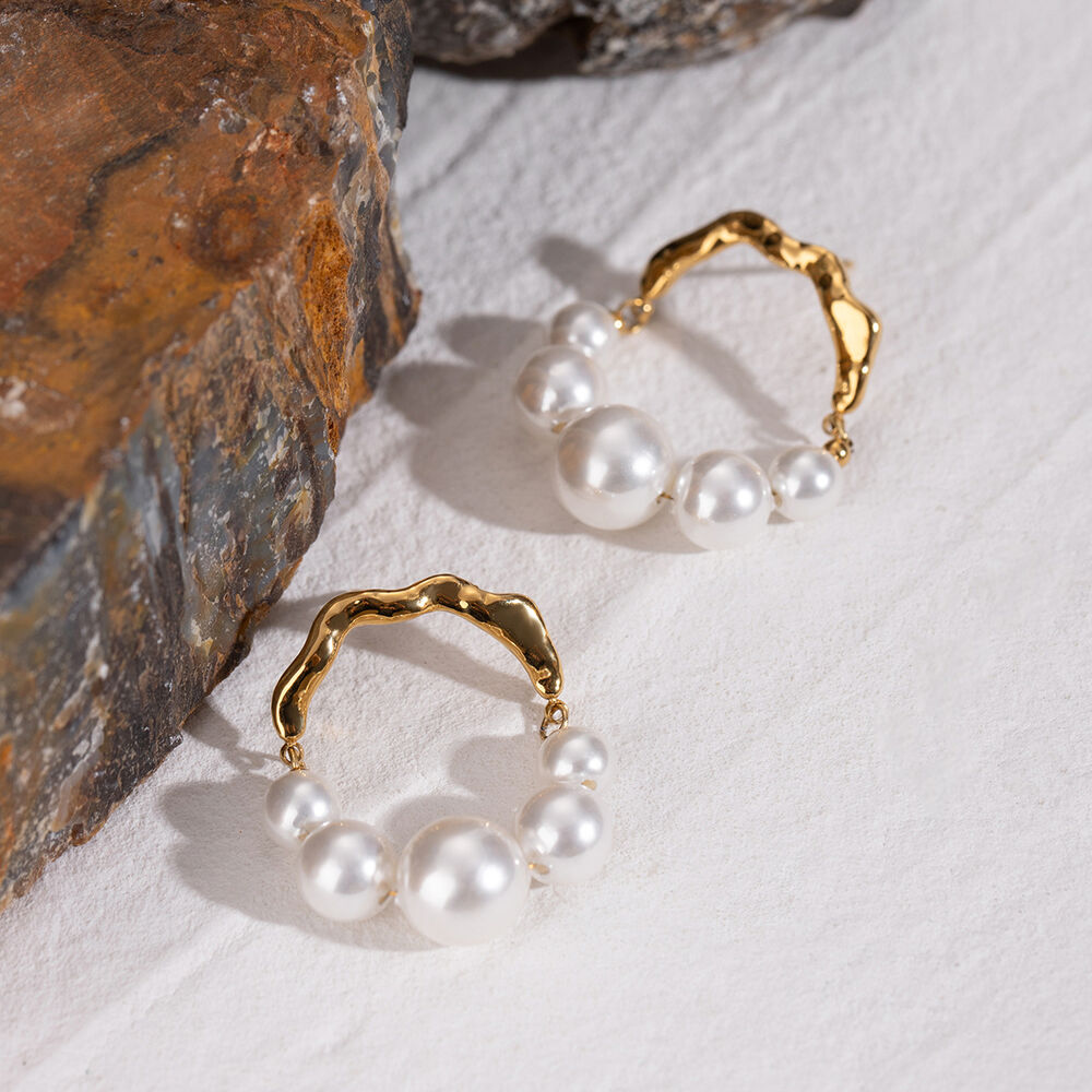 1 pair simple series retro beads stainless steel gold plated artificial pearl women Beads Earrings Picture3