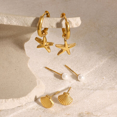 Juego de 1 par de pendientes de acero inoxidable con perlas artificiales chapadas en oro de 18 quilates y diseño de estrella de mar clásica de la serie romántica para mujer. 2