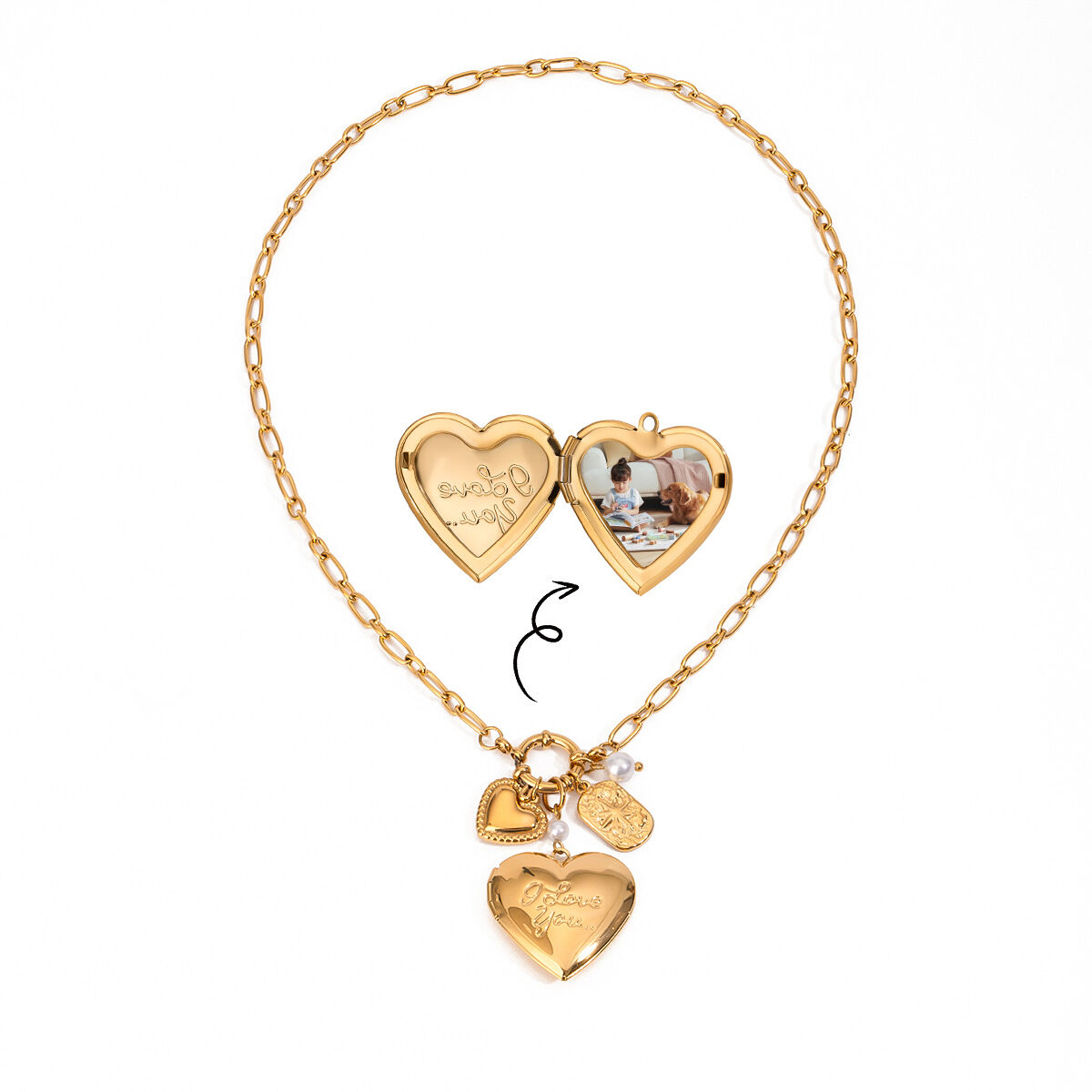 Collana con ciondolo fai da te da donna in acciaio inossidabile color oro impermeabile, a forma di cuore, alla moda, serie classica, 1 pezzo h5 Immagine6