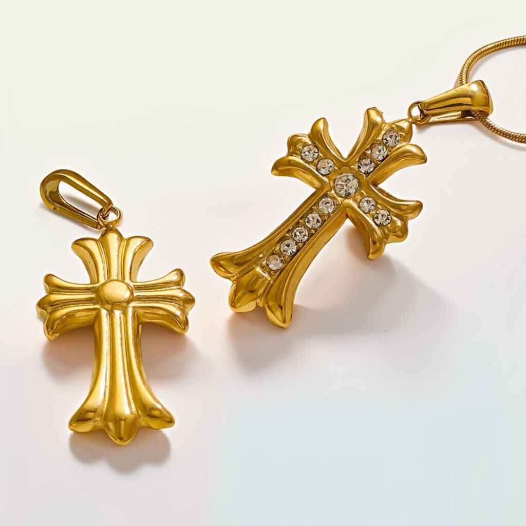 1 pezzo di lusso serie retrò croce in acciaio inossidabile impermeabile color oro ciondolo da donna 2