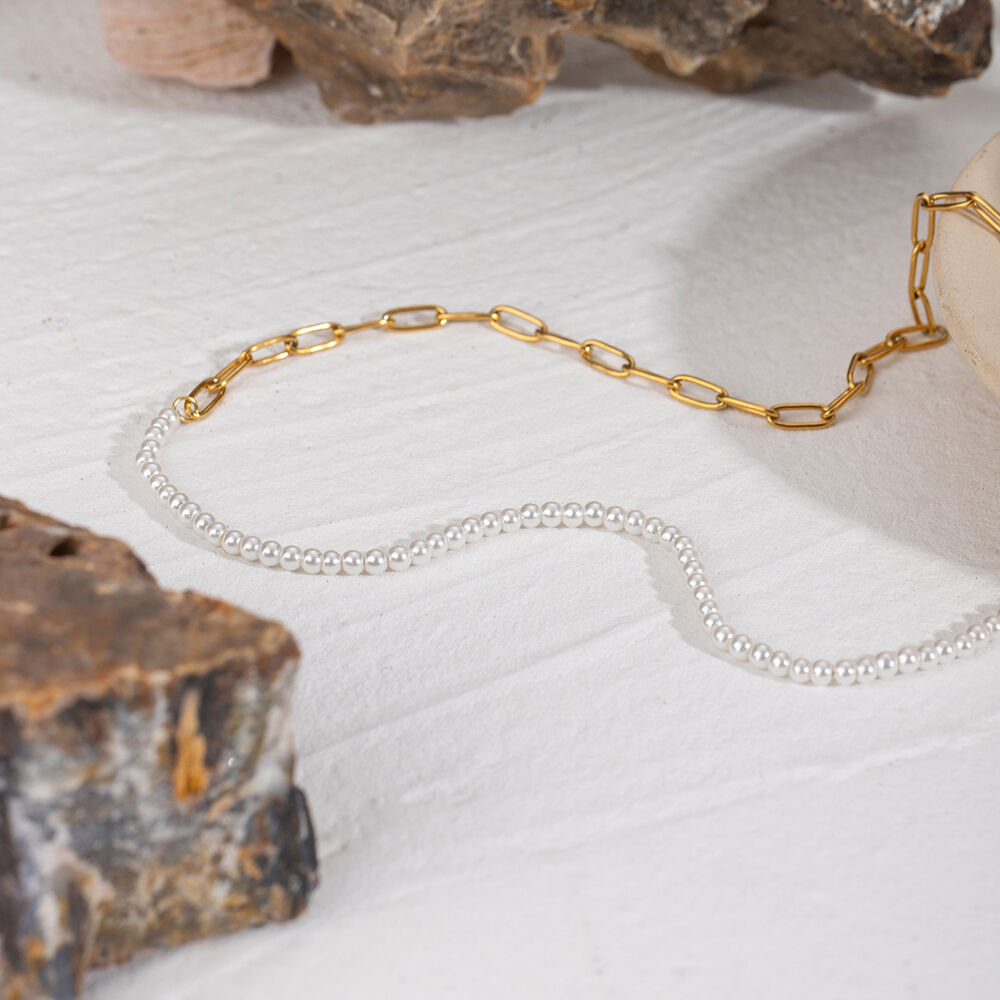 1 pezzo semplice serie classica perline acciaio inossidabile placcato oro 18k perle artificiali collane a catena da donna h5Immagine3