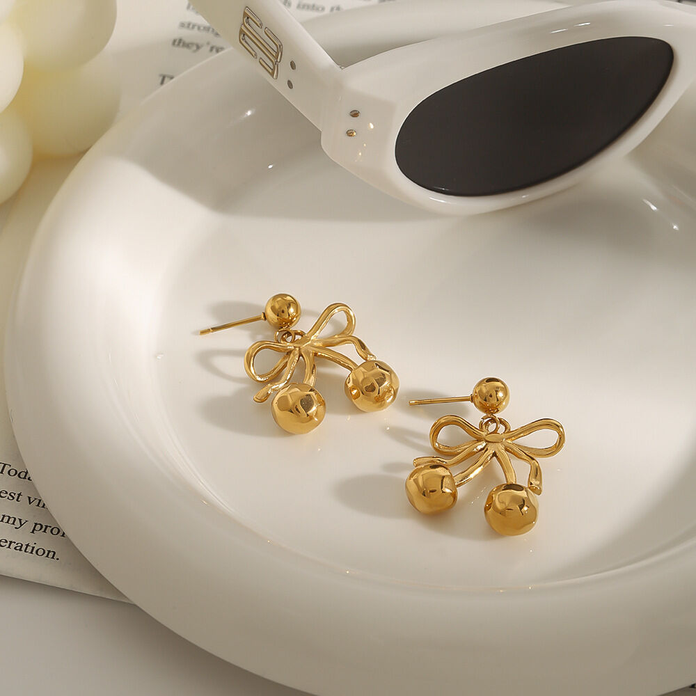 1 Pair Romantic Series Cute Cherry All-match Stainless Steel Waterproof Gold Color Women's Drop Earrings 2