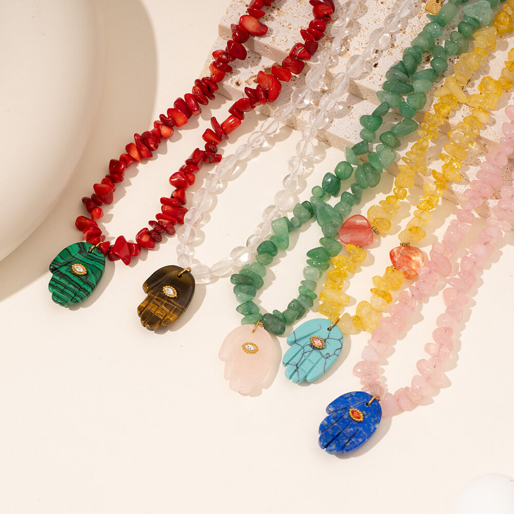 1 stuk Polychrome serie Boheemse handvormige roestvrijstalen waterdichte ketting met onregelmatige natuurstenen in goudkleur voor dames