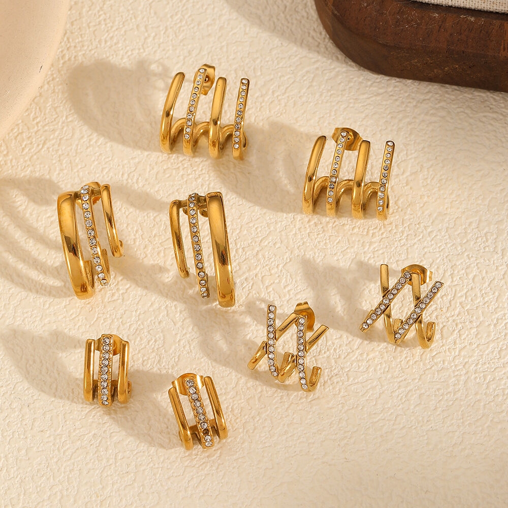 1 paire de boucles d'oreilles à tige géométriques en acier inoxydable plaqué or  pour femme, style luxueux et léger 2