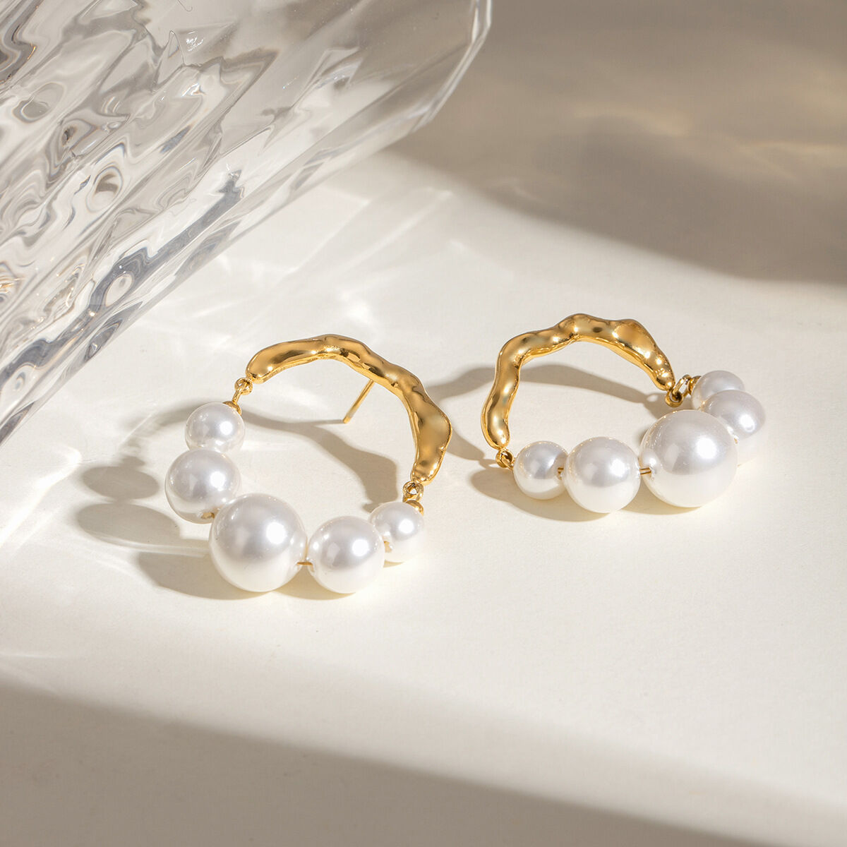 1 pair simple series retro beads stainless steel  gold plated artificial pearl women Beads Earrings