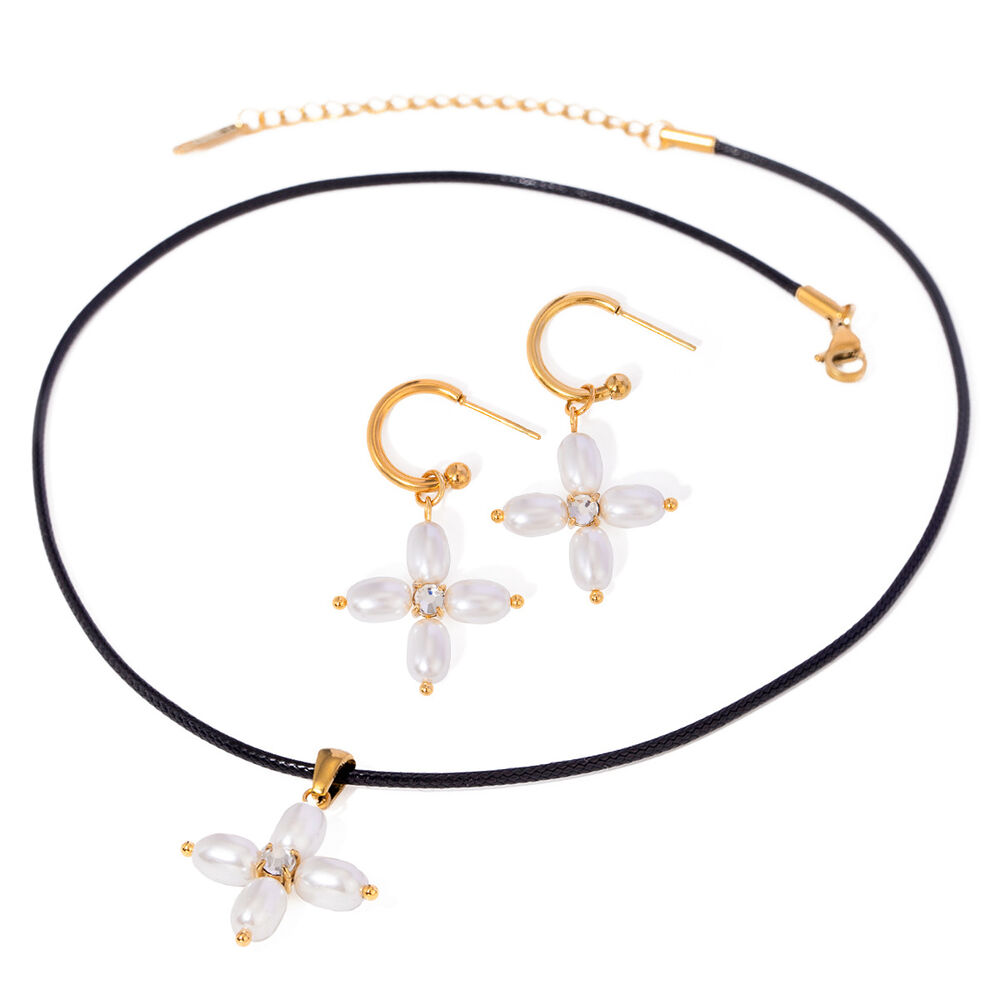 1 pair simple series elegant cross stainless steel gold plated artificial pearl women earrings set Picture6