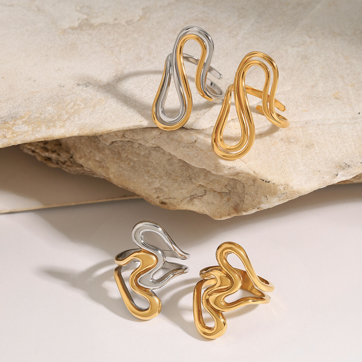 1 Piece Daily Series Irregular Overlap Heart Shape Stainless Steel Waterproof Gold Color Women's Single Rings 2