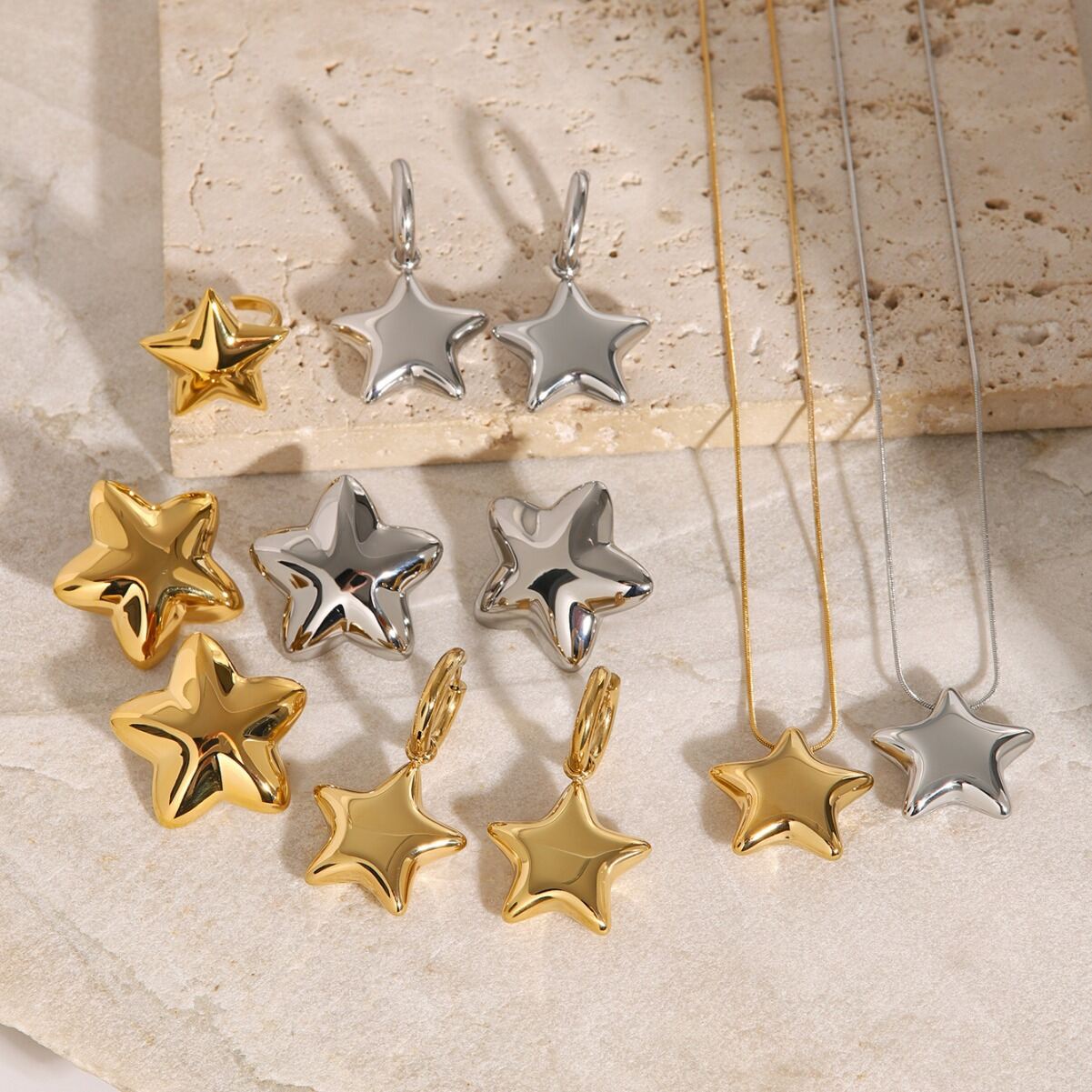 Juego de 1 par de pendientes de acero inoxidable con diseño de pentagrama, resistentes al agua y con forma de serie simple para mujer. Imagen3